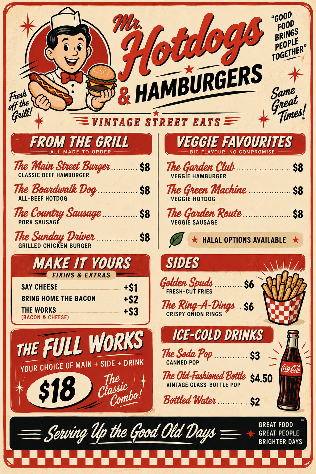 Mr. Hotdogs & Hamburgers vintage menu board with hotdogs, hamburgers, sides, drinks and combo pricing