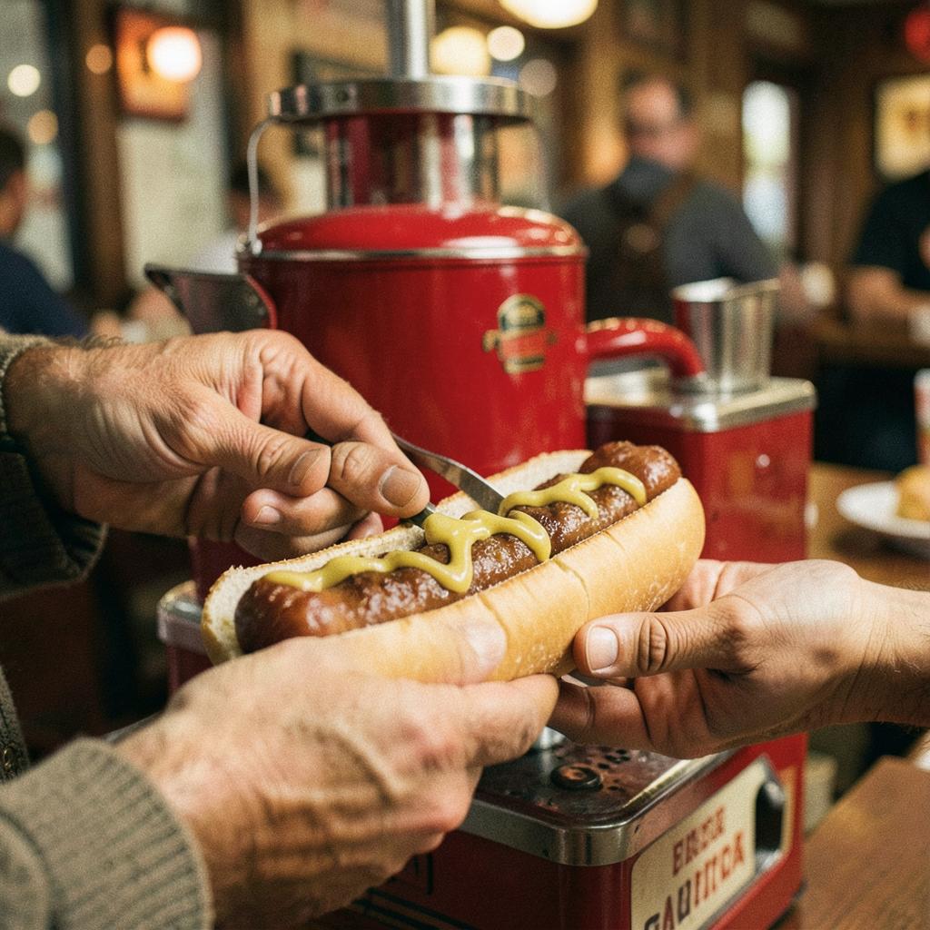 Vendor in vintage uniform handing a mustard hotdog to a guest